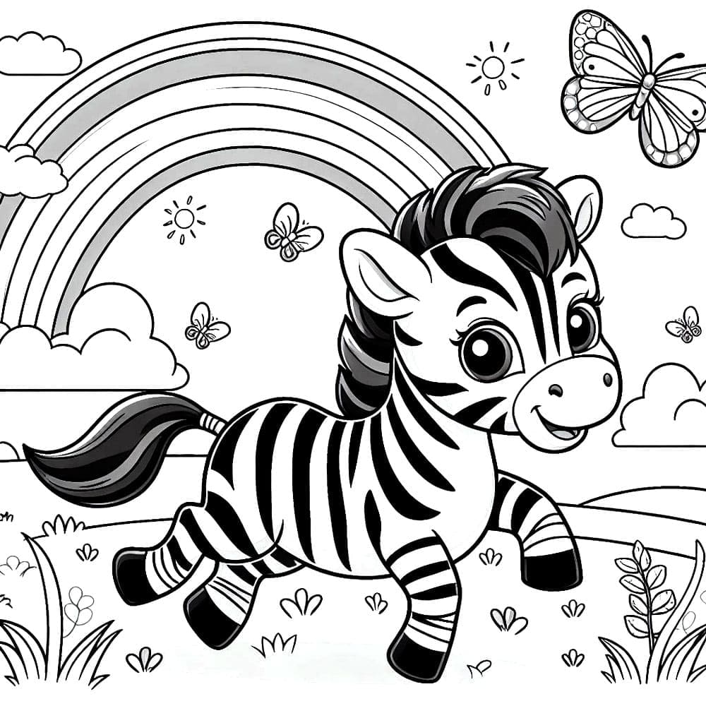 Zebra felici con farfalla e arcobaleno da colorare