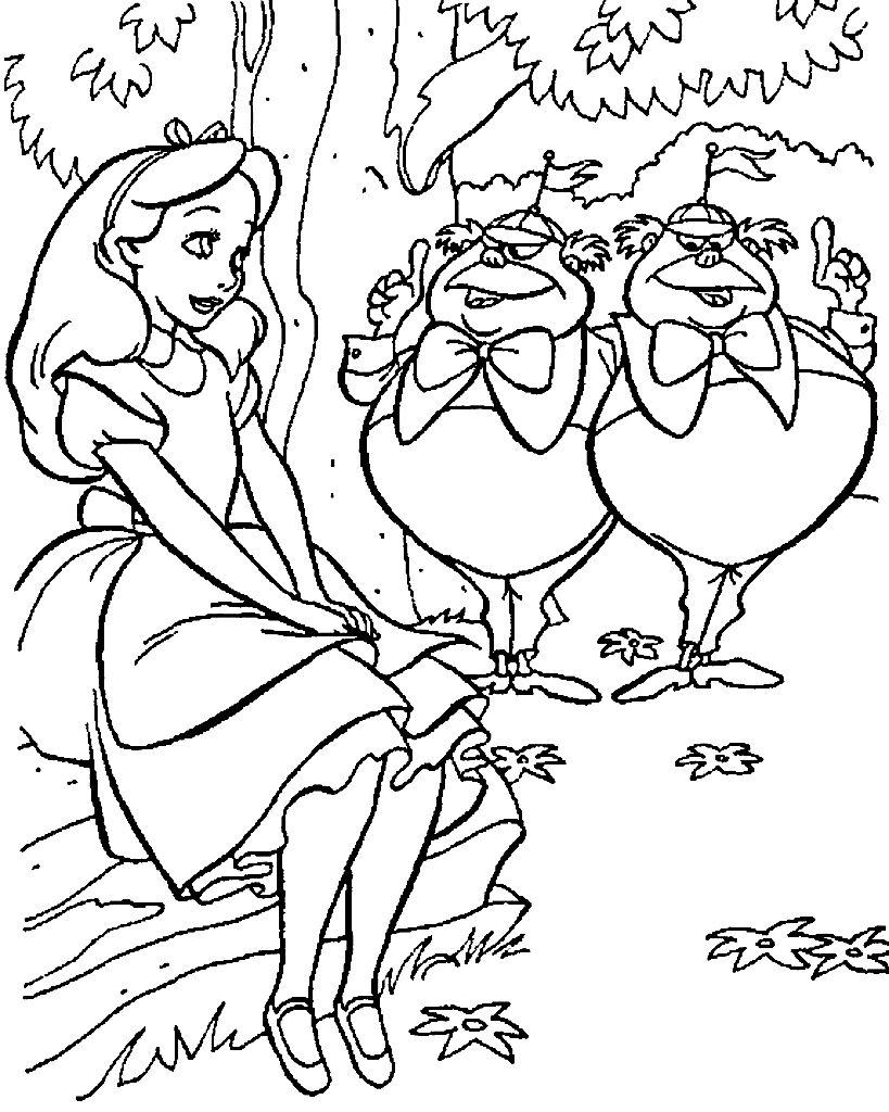 Alice con Tweedledee e Tweedledum da colorare