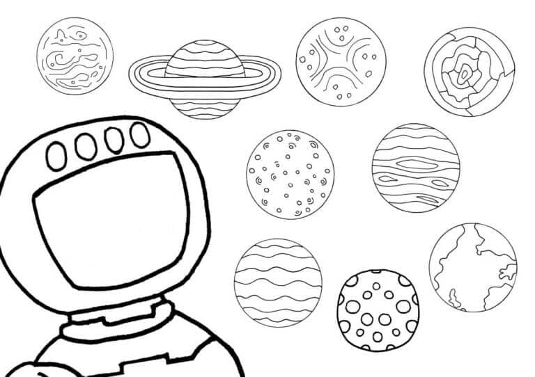 Astronauta osserva i pianeti da colorare