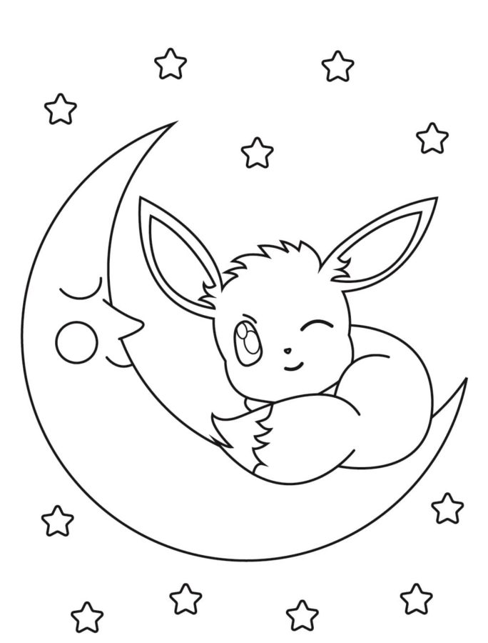 Baby Eevee siede su una falce di luna. 