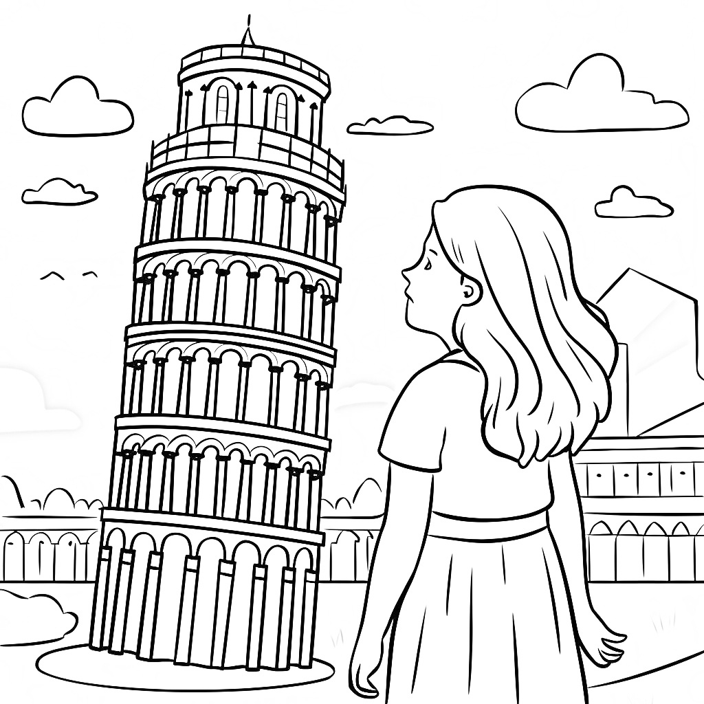 Bambina con la torre di pisa da colorare