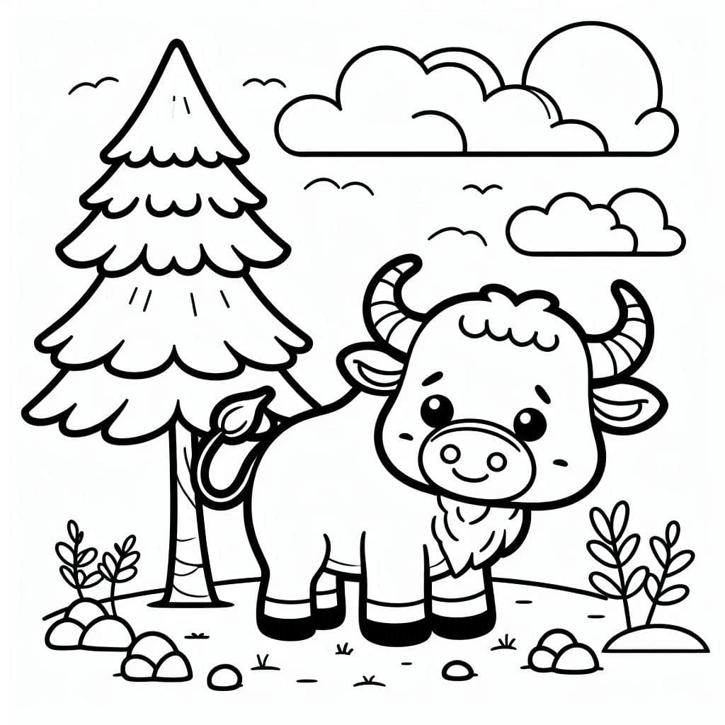 Bufalo e albero da colorare