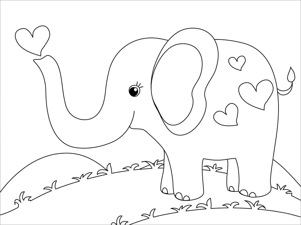 Cute Elephant and Heart coloring page 