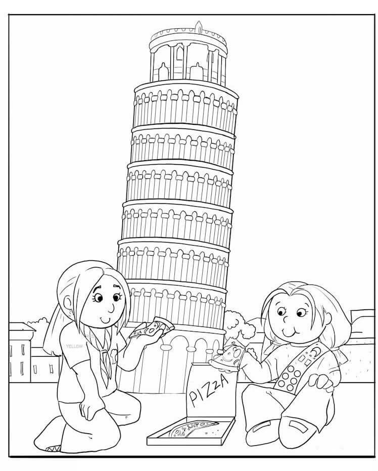 Due Bambini che Mangiano Pizza con la Torre di Pisa da colorare