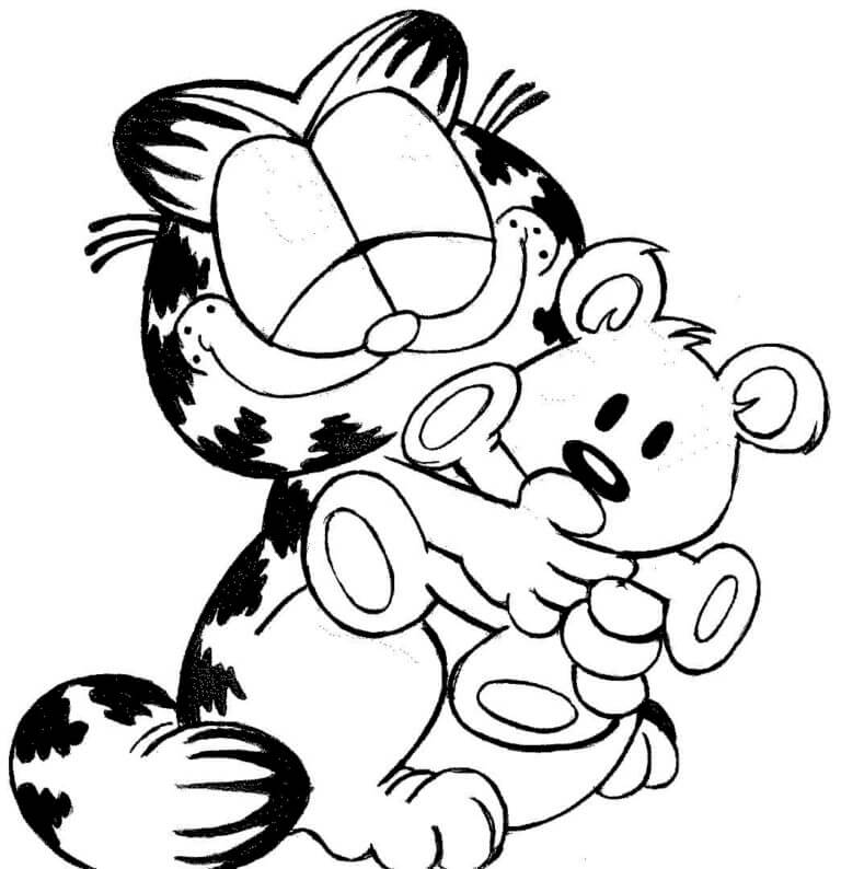 Garfield carino con un orsacchiotto da colorare