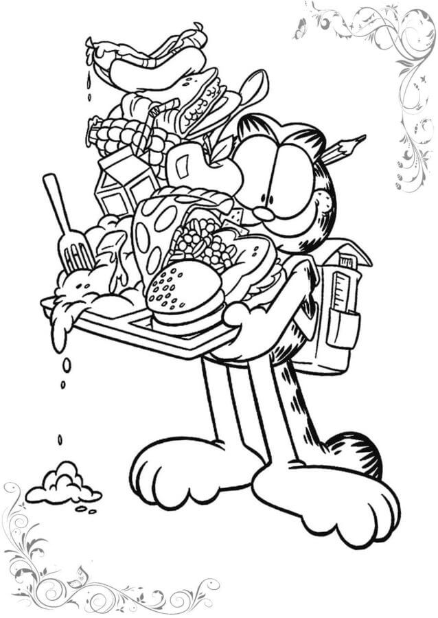 Garfield con un vassoio pieno di cibo da colorare