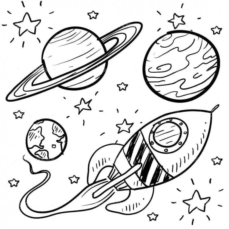 Il razzo naviga nell'universo da colorare