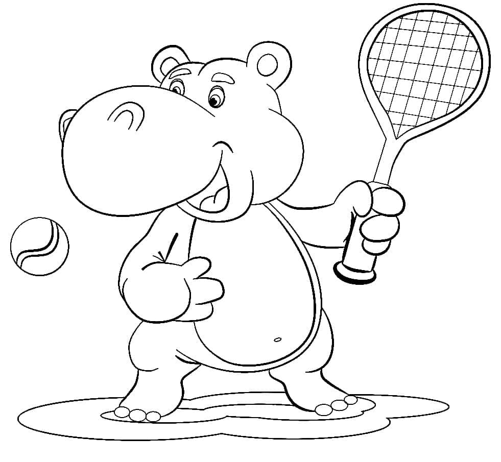 Ippopotamo gioca a tennis da colorare