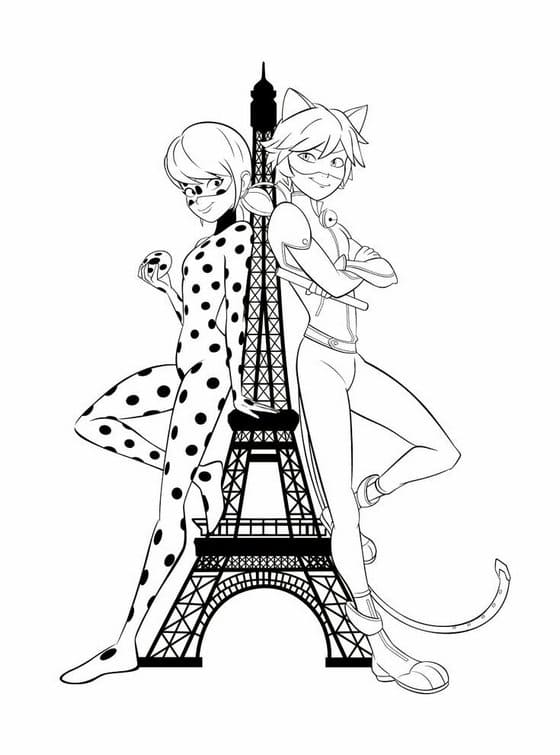 Lady Bug e Cat Noir vicino alla torre di Parigi da colorare