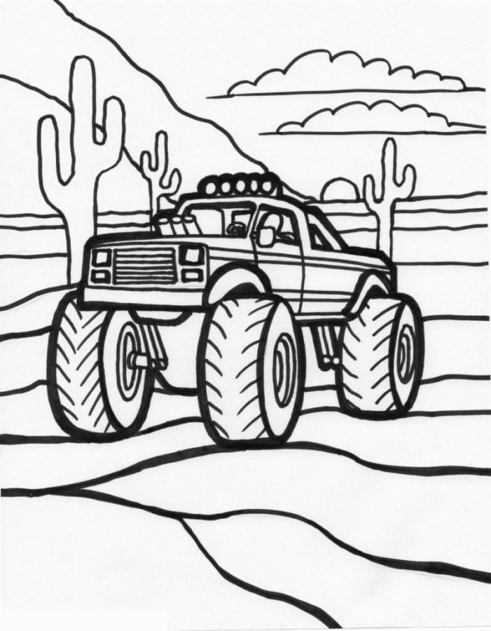 Monster truck tra i cactus da colorare