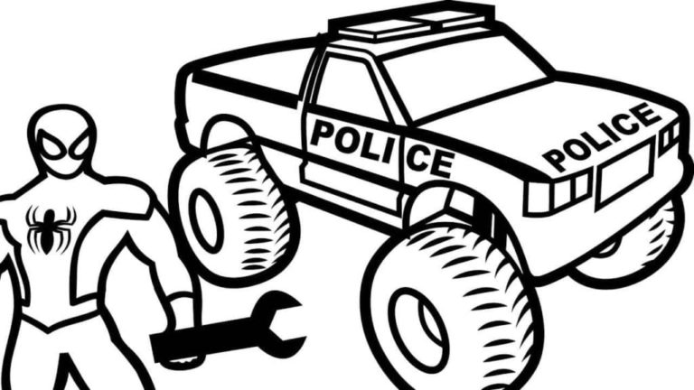 Spiderman riparerà il monster truck della polizia. da colorare