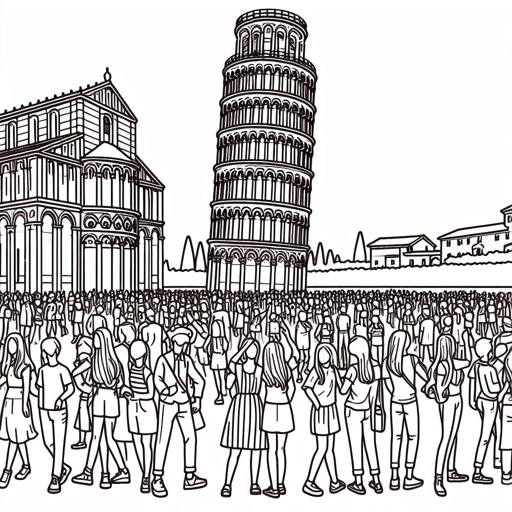 Tanta gente sotto la torre di Pisa da colorare