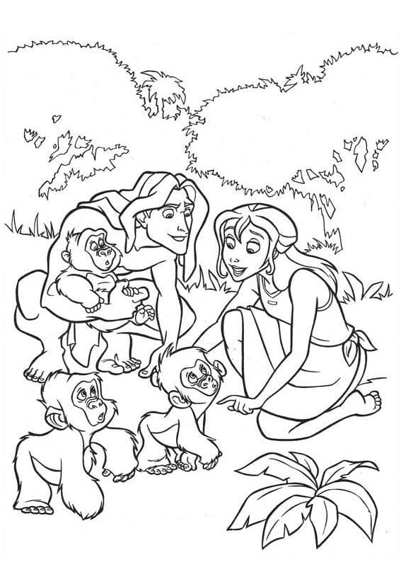 Tarzan con Jane e le piccole scimmie da colorare
