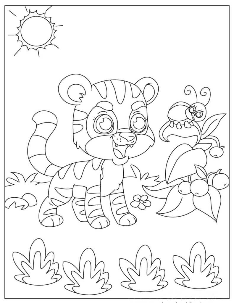 Desenhos de Bebê Tigre com Borboleta para colorir