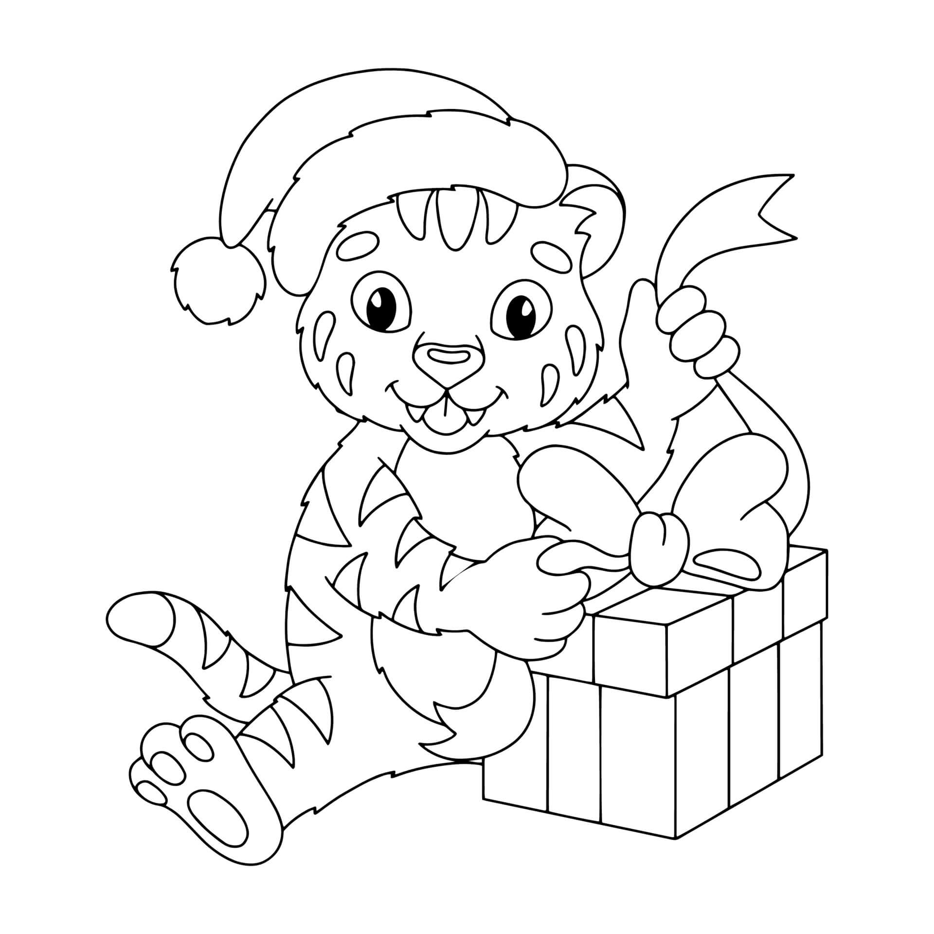 Desenhos de Bebê Tigre com Caixa de Presente no Natal para colorir