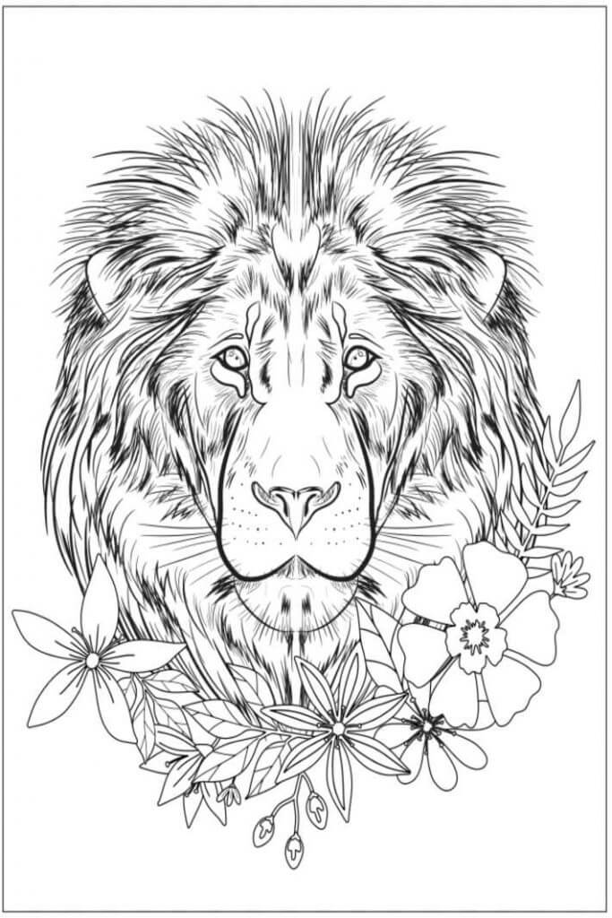 Desenhos de Cara de Leão com Flores é para Adulto para colorir