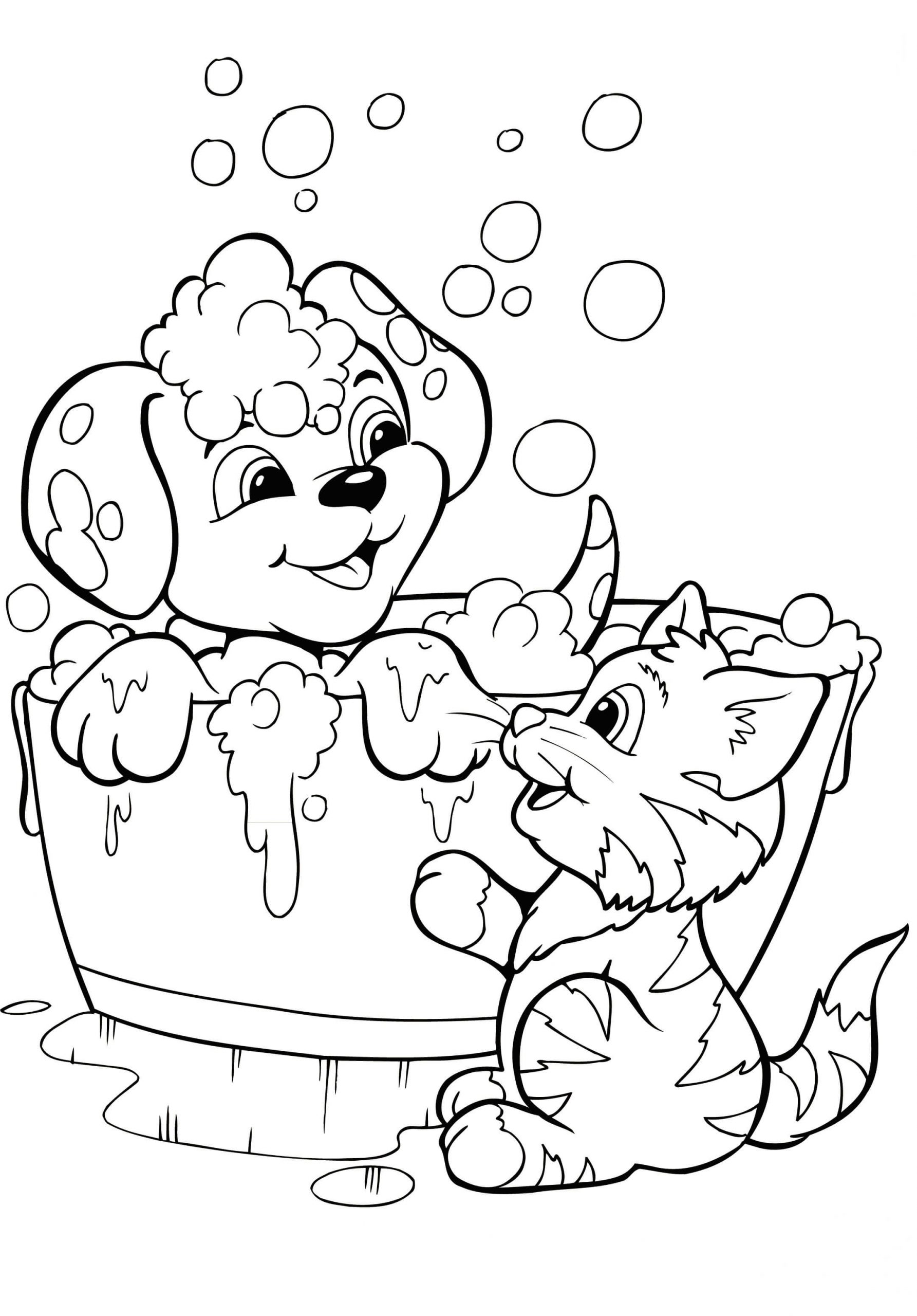 Filhote De Cachorro E Gato Tomando Banho para colorir