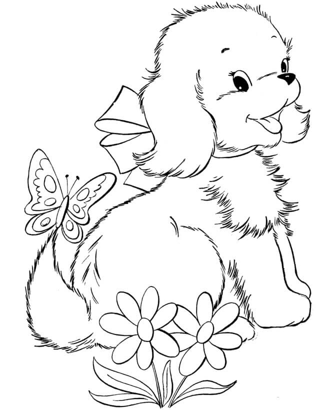 Desenhos de Filhote de Cachorro com Borboleta e Flor para colorir