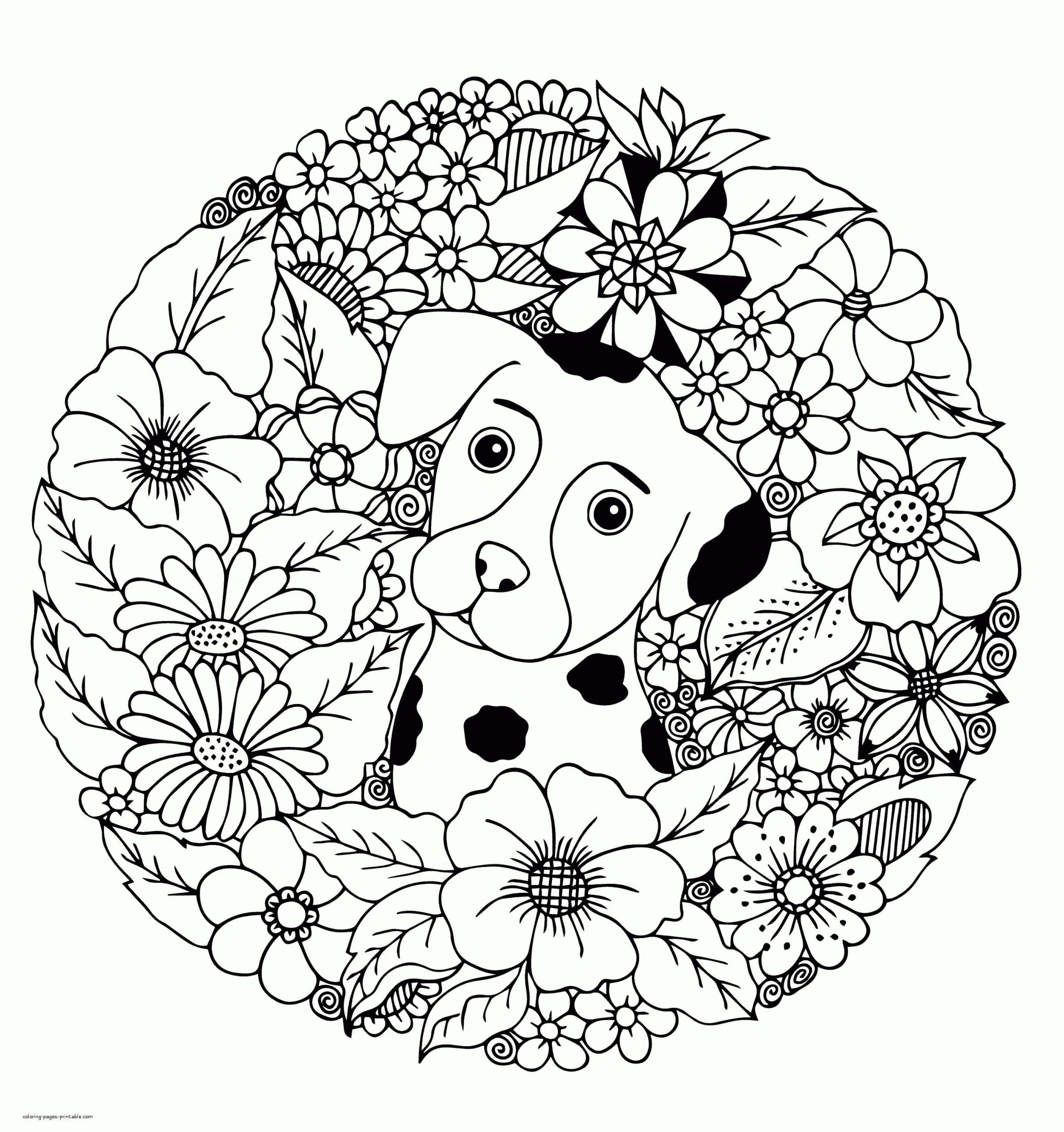 Desenhos de Filhote de Cachorro com Flor em Círculo para colorir