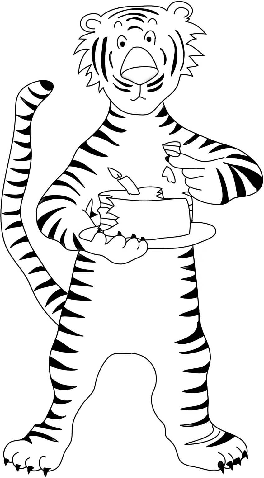 Desenhos de Tigre Comendo Bolo de Aniversário para colorir