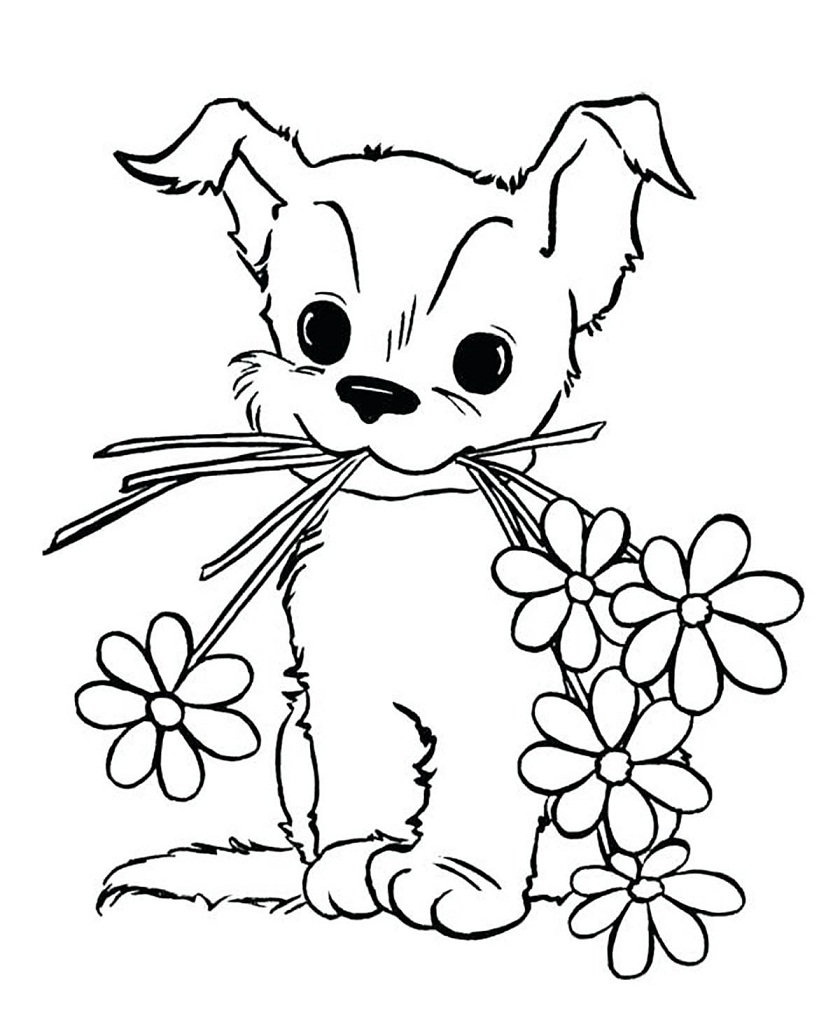 Desenhos de Cachorro e Flores para colorir