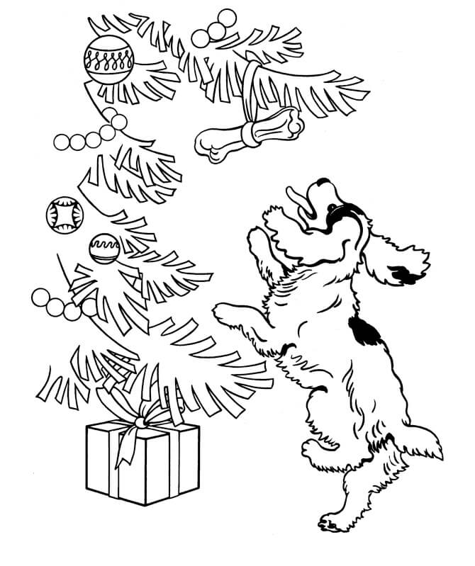 Desenhos de Cachorro fofo e Árvore de Natal para colorir