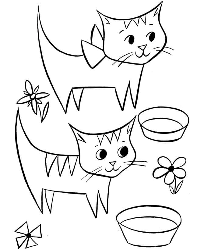 Dois Gatos com Flores e uma Tigela para colorir