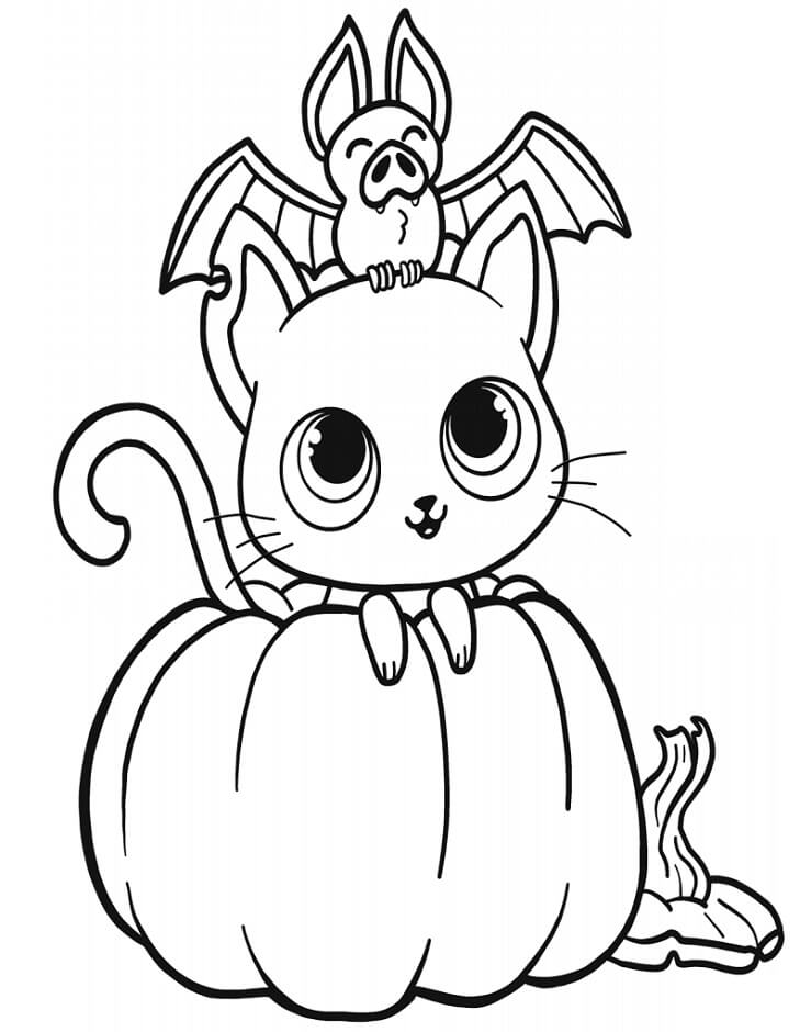Desenhos de Gato e Morcego na Abóbora para colorir