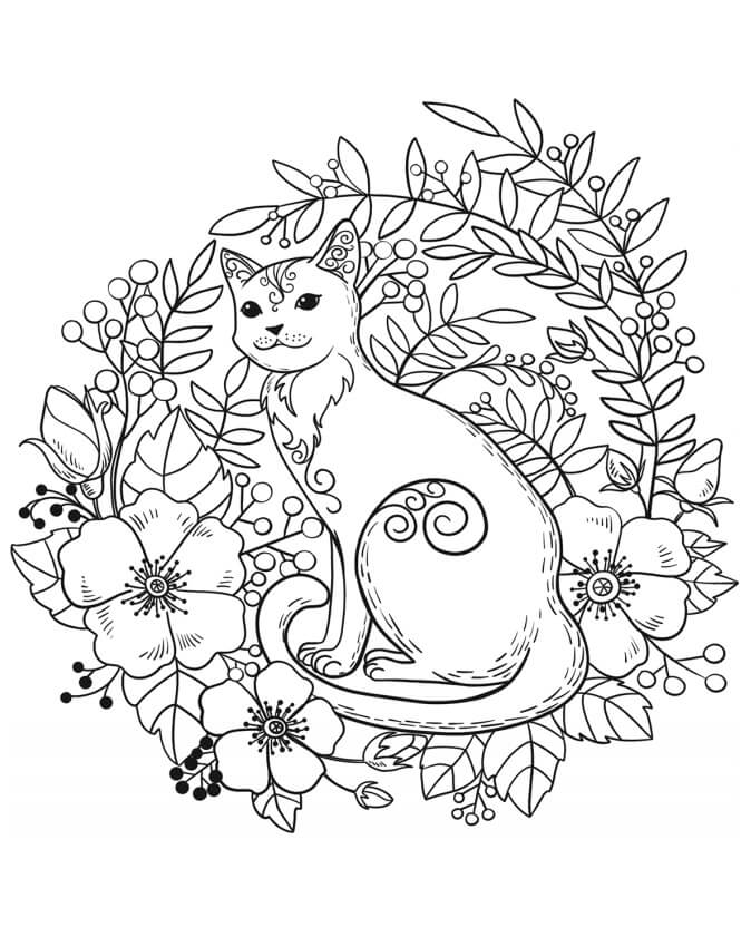 Desenhos de Gato em Flores para colorir
