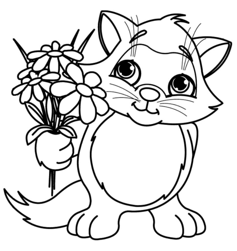 Desenhos de Gato Fofo Segurando Flores para colorir