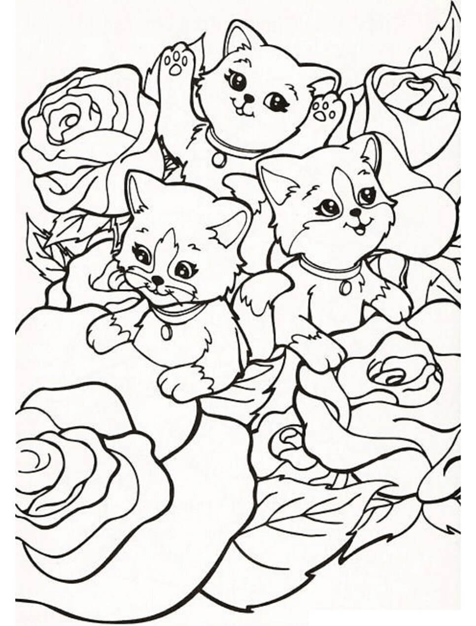 Desenhos de Três Gatos na Rosa Grande para colorir
