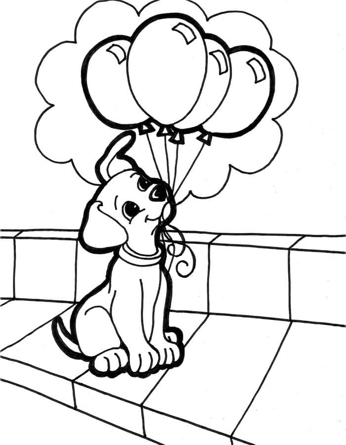 Desenhos de Um Cachorrinho fofo Segurando Balões para colorir