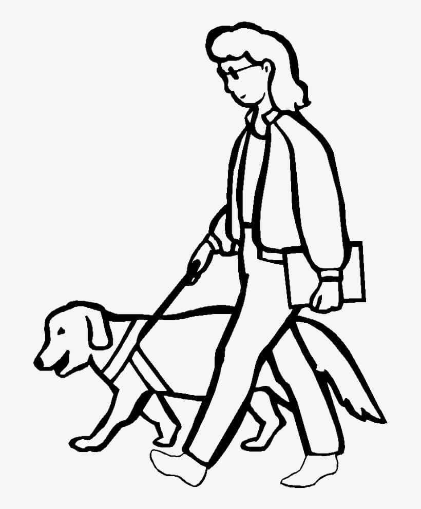 Uma Mulher Cega Andando com Cachorro para colorir