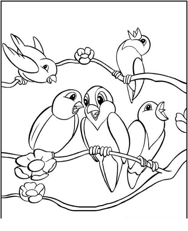 Desenhos de Cinco Pássaros em pé no Galho de Árvore para colorir