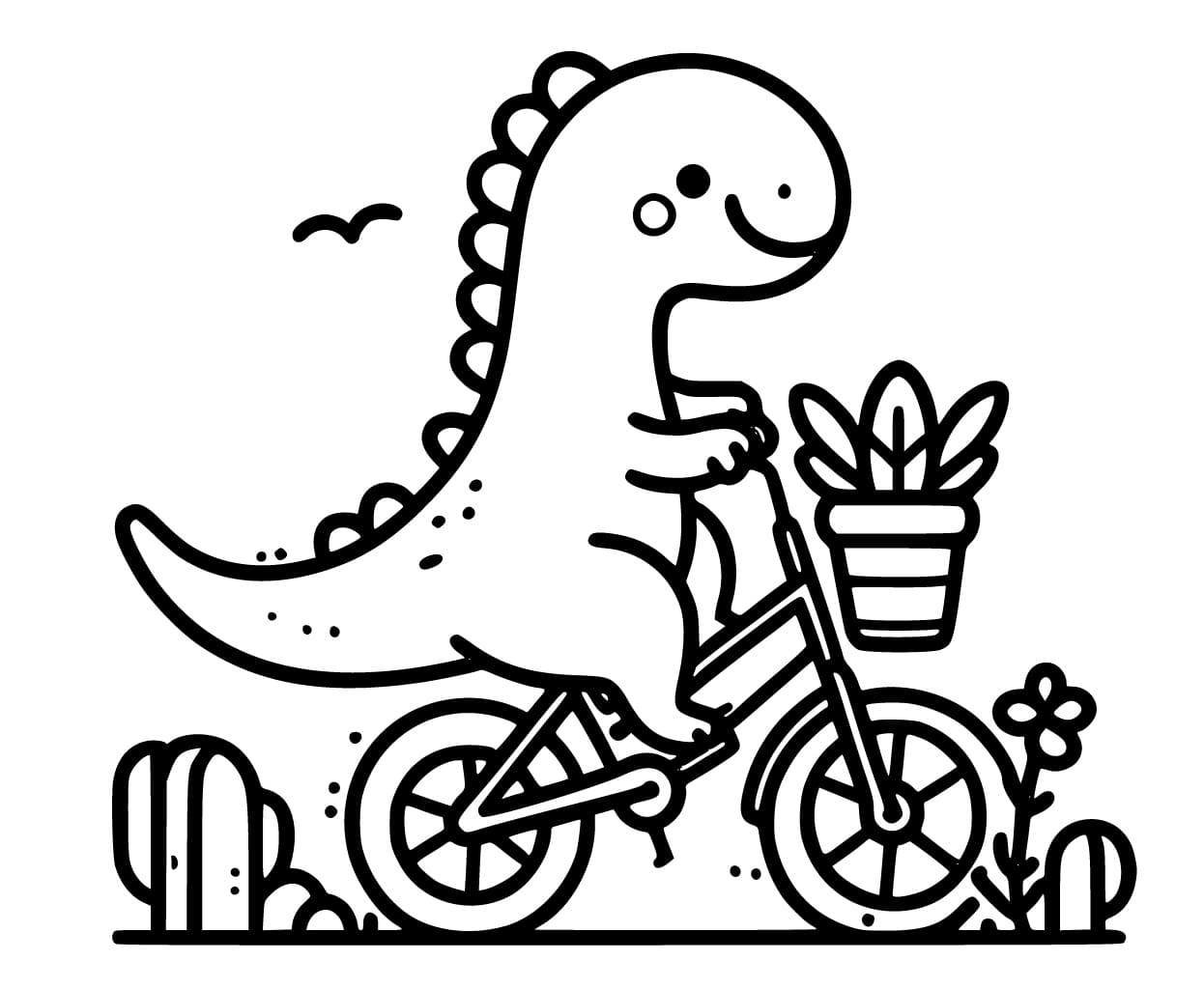 Dinossauro fofo na bicicleta para colorir