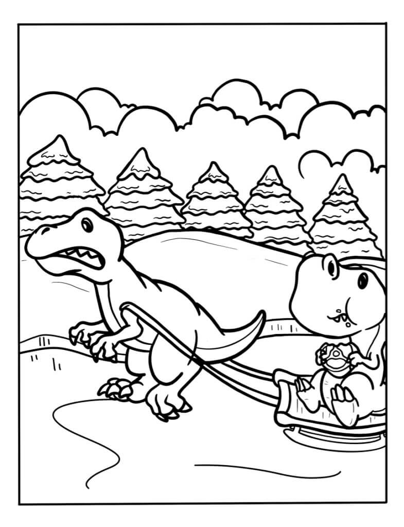 Dois dinossauros de desenho animado patinando para colorir