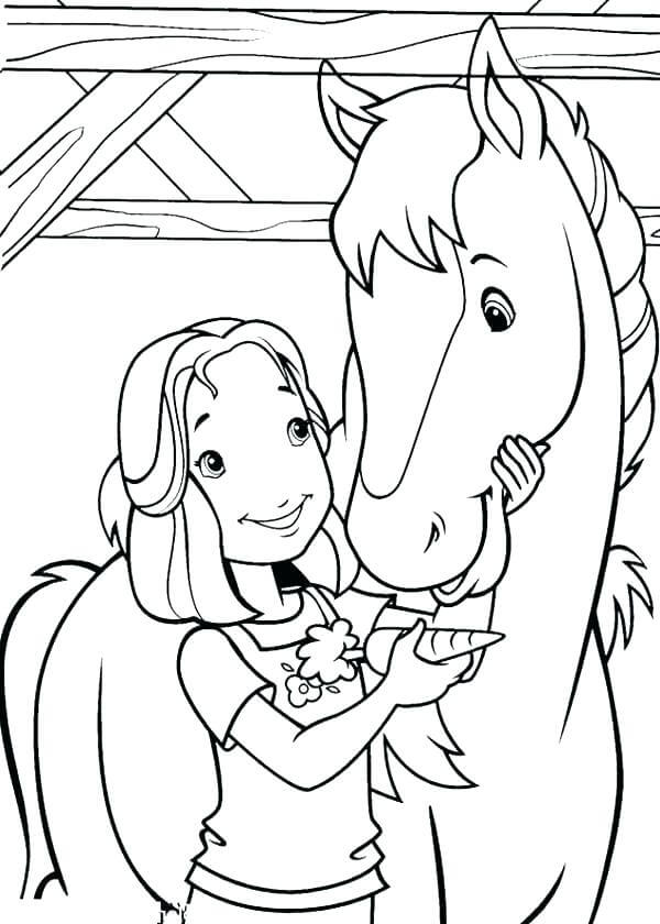 Menina Alimentando Cavalo com Cenoura para colorir