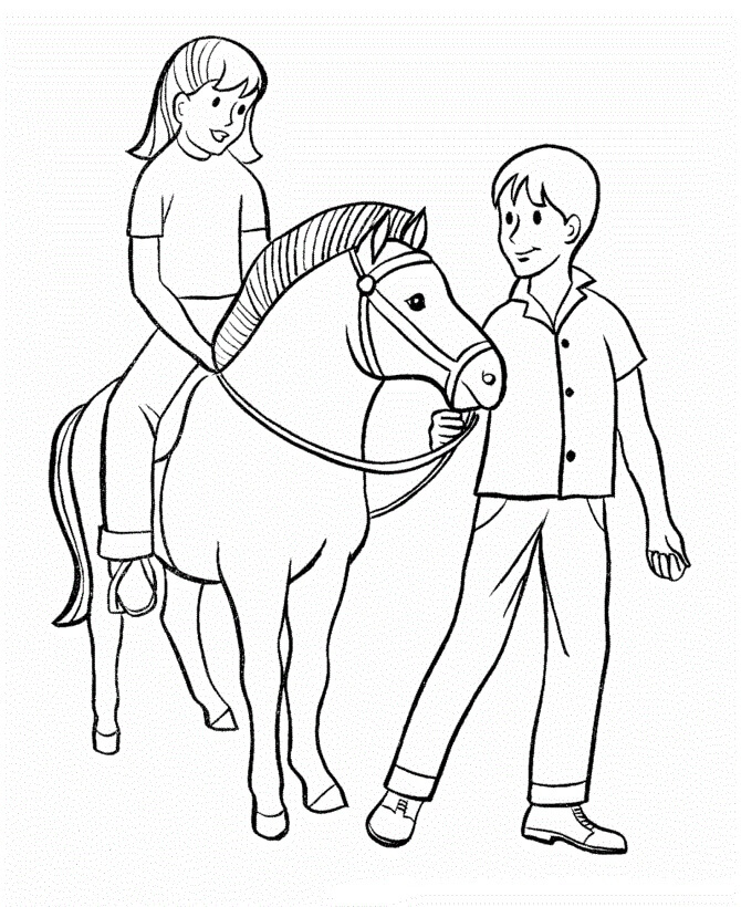 Desenhos de Menino e Menina com Cavalo para colorir