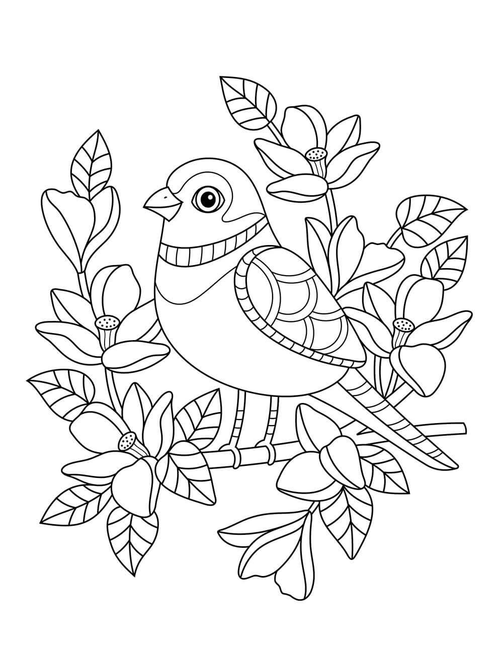 Desenhos de Pássaro em pé no Galho de Árvore com Flor para colorir
