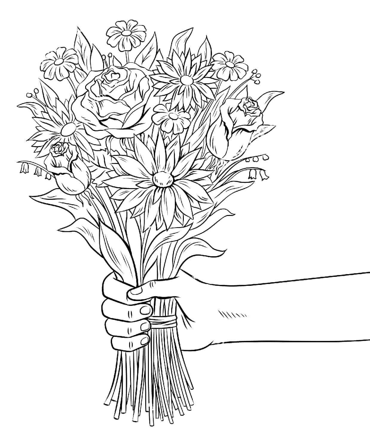 Desenhos de Mão Segurando o Buquê de Girassol para colorir