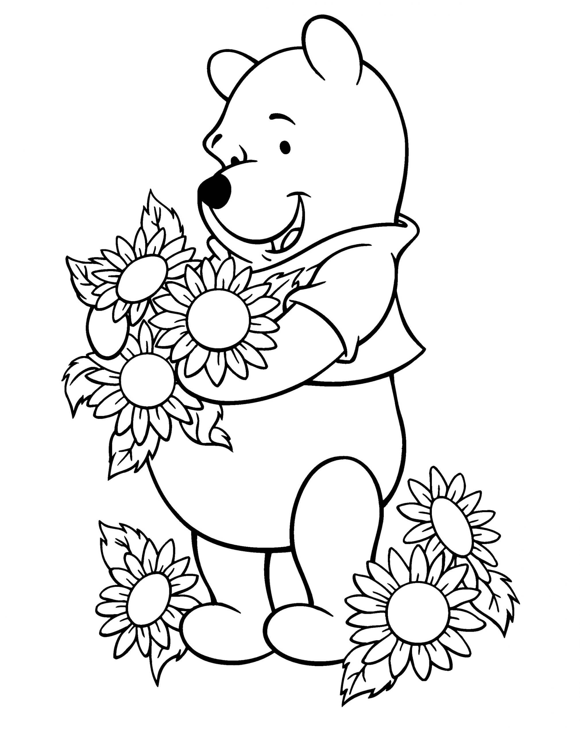 Ursinho Pooh com Girassóis para colorir