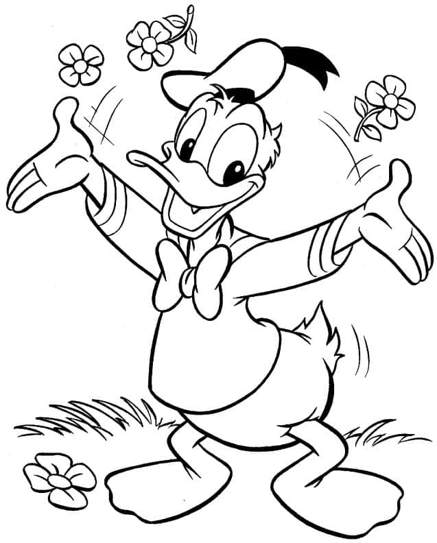 Desenhos de Desenhe o Pato Donald e as Flores para colorir