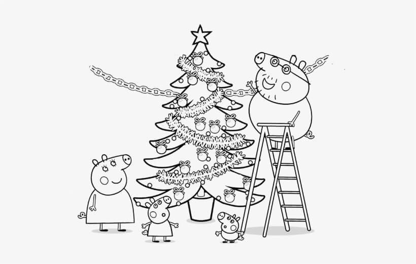 Família de Peppa Pig e Árvore de Natal para colorir