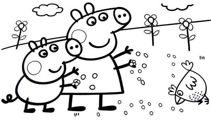 Desenhos de George Pig e Peppa Pig Alimentando Galinhas para colorir