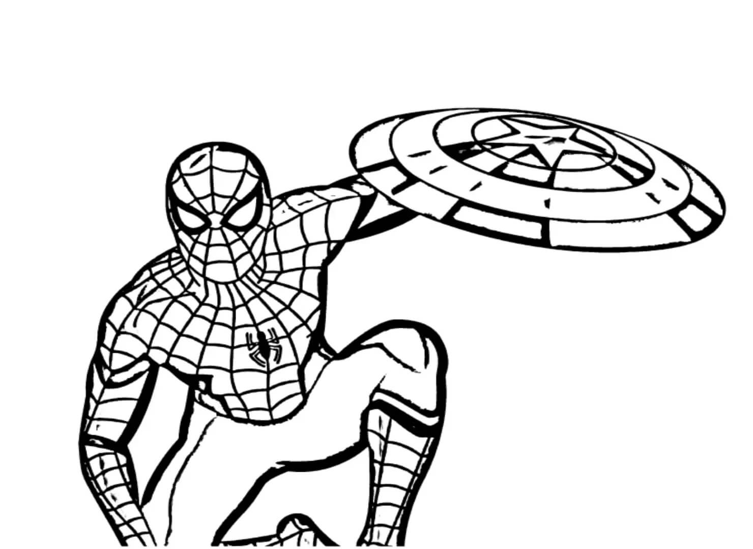 Homem-Aranha Segurando o Escudo do Capitão América para colorir