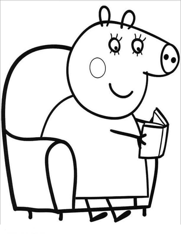 Desenhos de Mamãe Porca Sentada na Cadeira Lendo um Livro para colorir