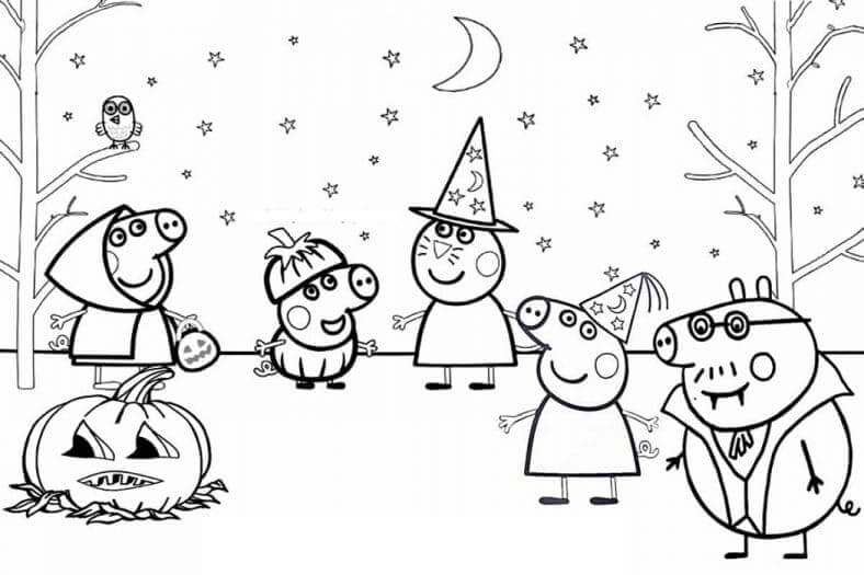 Peppa Pig e Família no Halloween para colorir