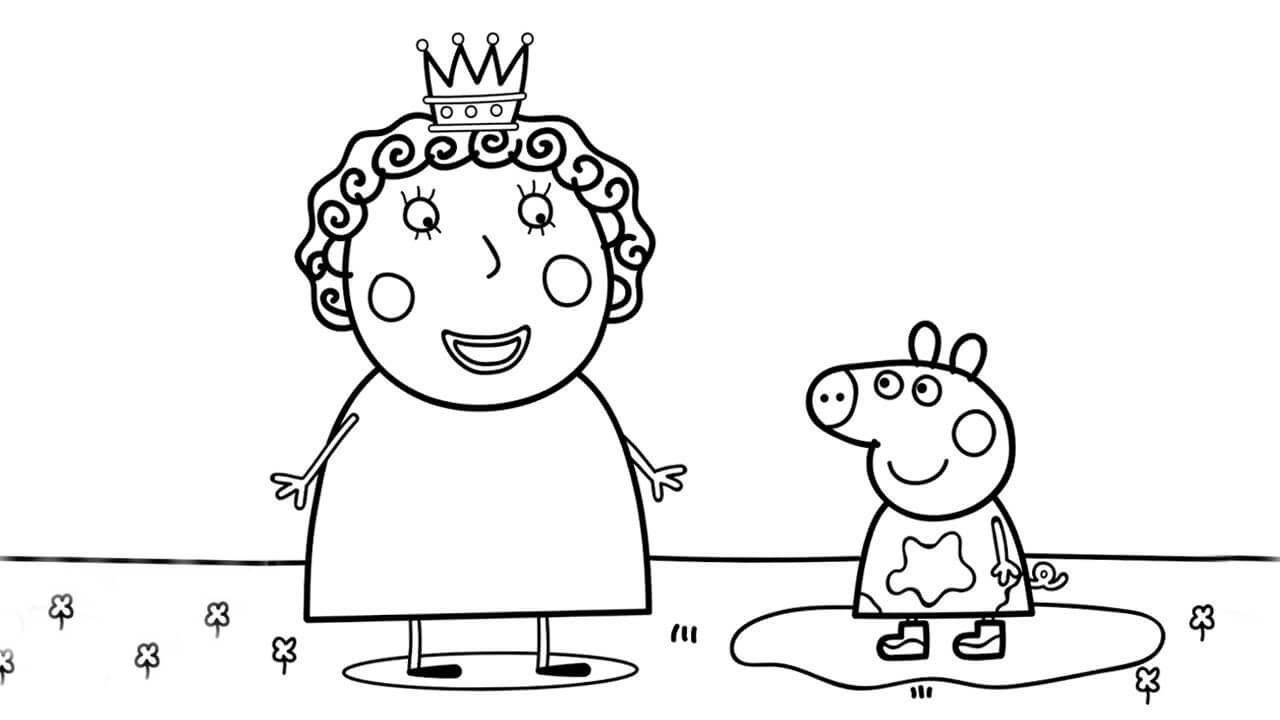 Desenhos de Peppa Pig e a Rainha Brincam em Poças de Lama para colorir