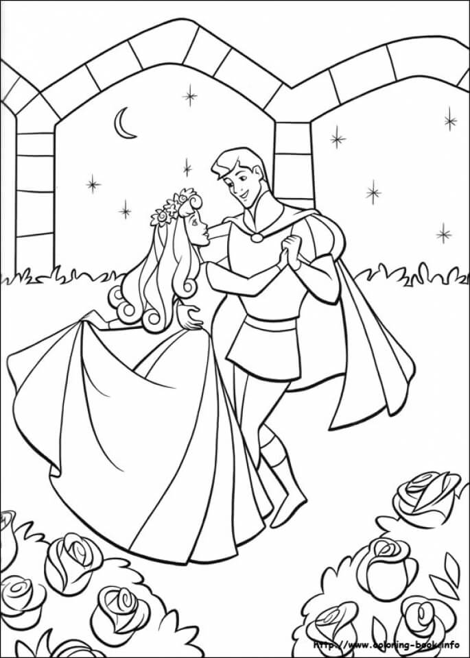 A Bela Adormecida e o Príncipe Phillip Dançando para colorir