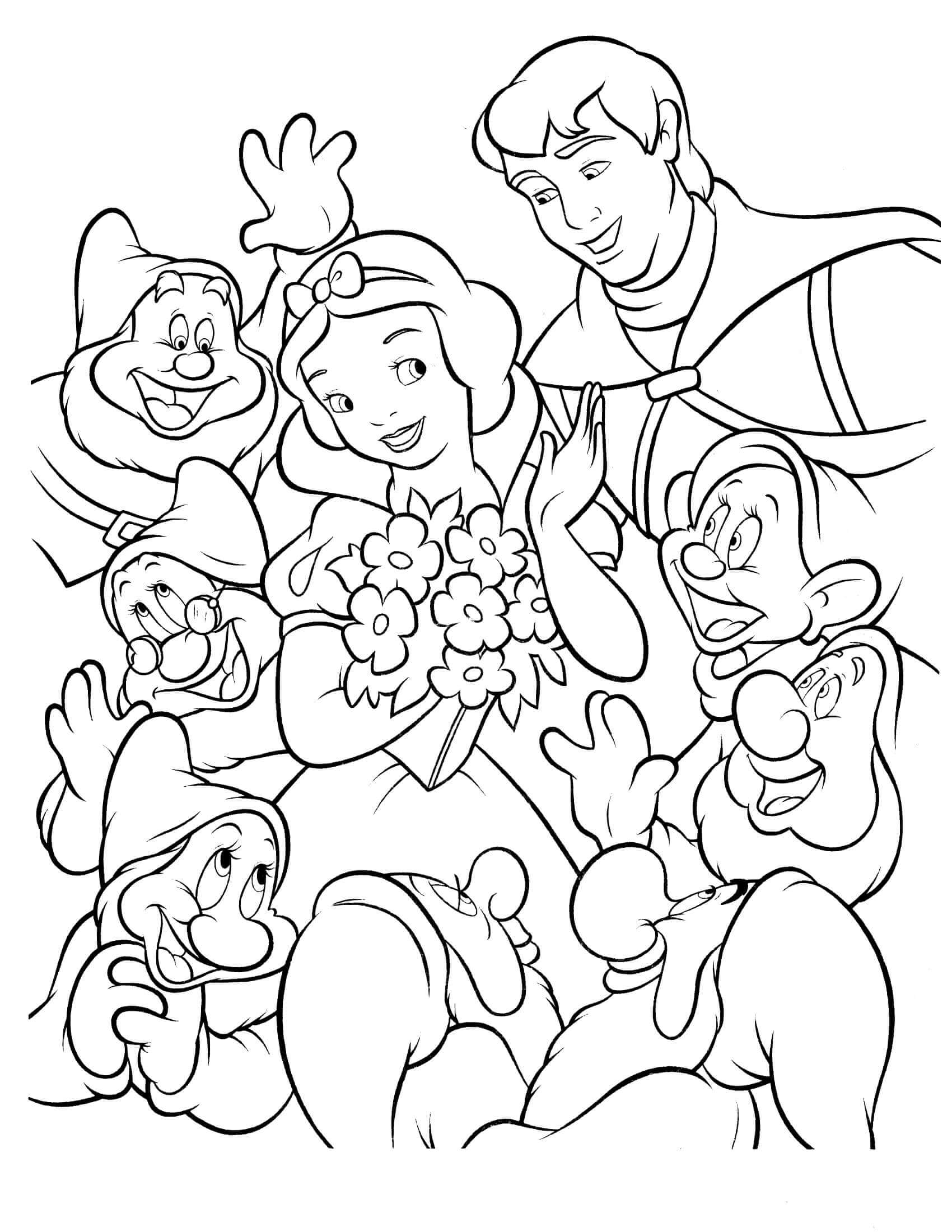 Branca de Neve, o Príncipe e os Sete Anões para colorir
